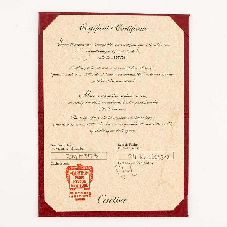 A Cartier "Love" bracelet in 18K rose gold with round brilliant-cut diamonds.