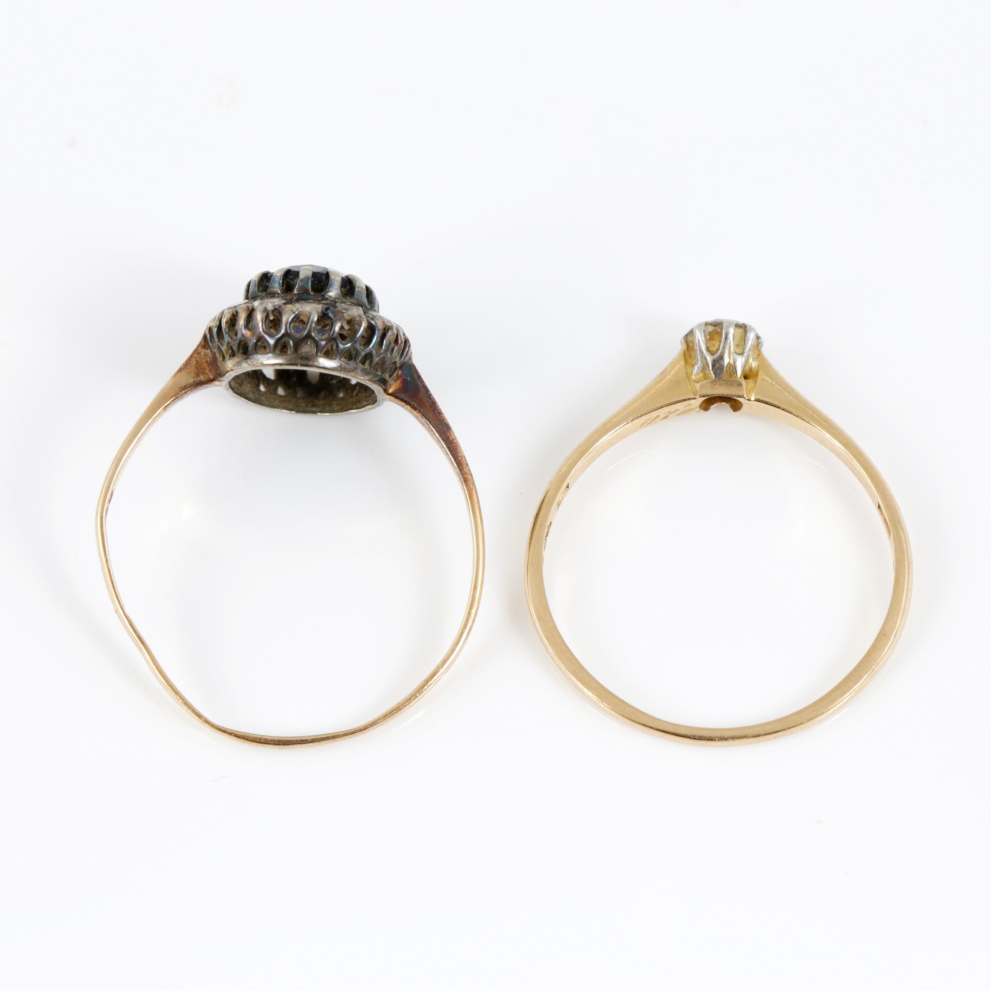 RINGAR, 2 st, guld 18K, diamanter och safir resp diamant på ca 0,1 ct. Vikt tot ca 4 gram.
