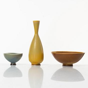 Berndt Friberg, a pair of bowls, and a vase, stoneware, Gustavsberg studio, 1954; 1972 and 1974.