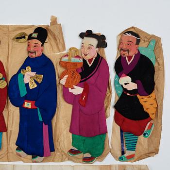 A collection of four sets of paper and silk dolls of Shoulao and the eight immortals, presumably Republic (1912-1949).