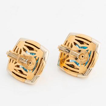 A pair of 18K gold Bulgari "Pyramid" earrings with sugarloaf shaped topaz.