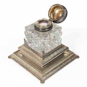 A Russian inkwell, silver and glass, Morozov, St. Petersburg, Russia, turn of the 20th century.