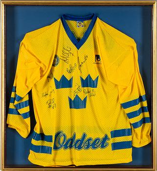 LANDSLAGSTRÖJA, tre kronor, VM - 95 i globen med 8 autografer.