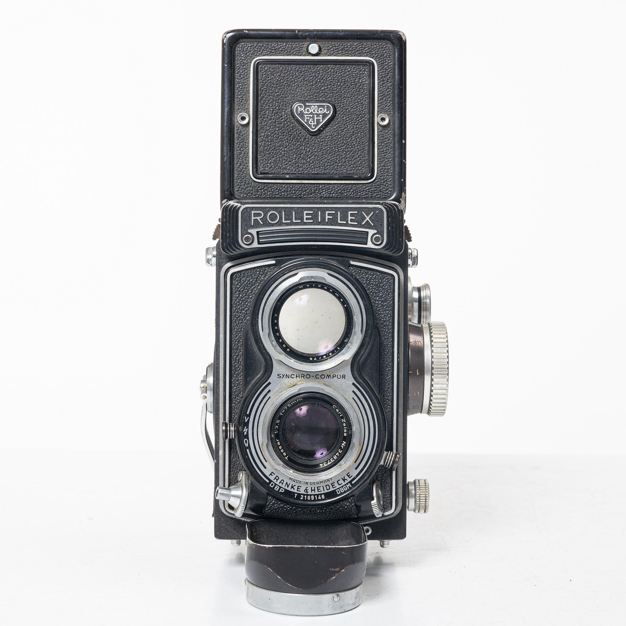 Mellanformatskamera, Rolleiflex, med väska och tillbehör, Franke & Heidecke, 1900-talets mitt, Tyskland.