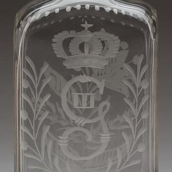 SNAPSGLAS, 5 st och KARAFFER, 2 st, glas. Omkring 1800 samt omkring 1900.