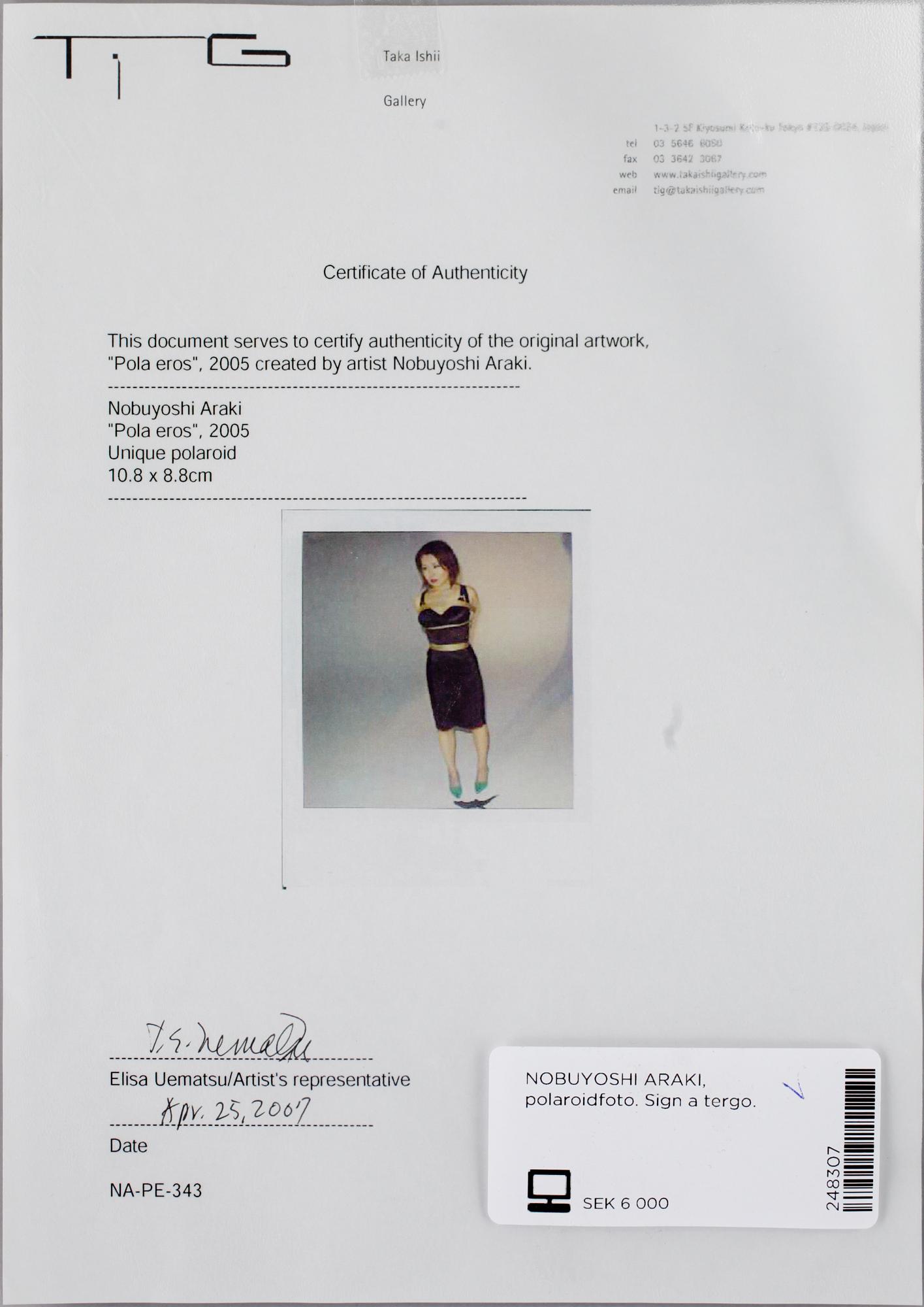 NOBUYOSHI ARAKI, polaroidfoto. Sign a tergo.