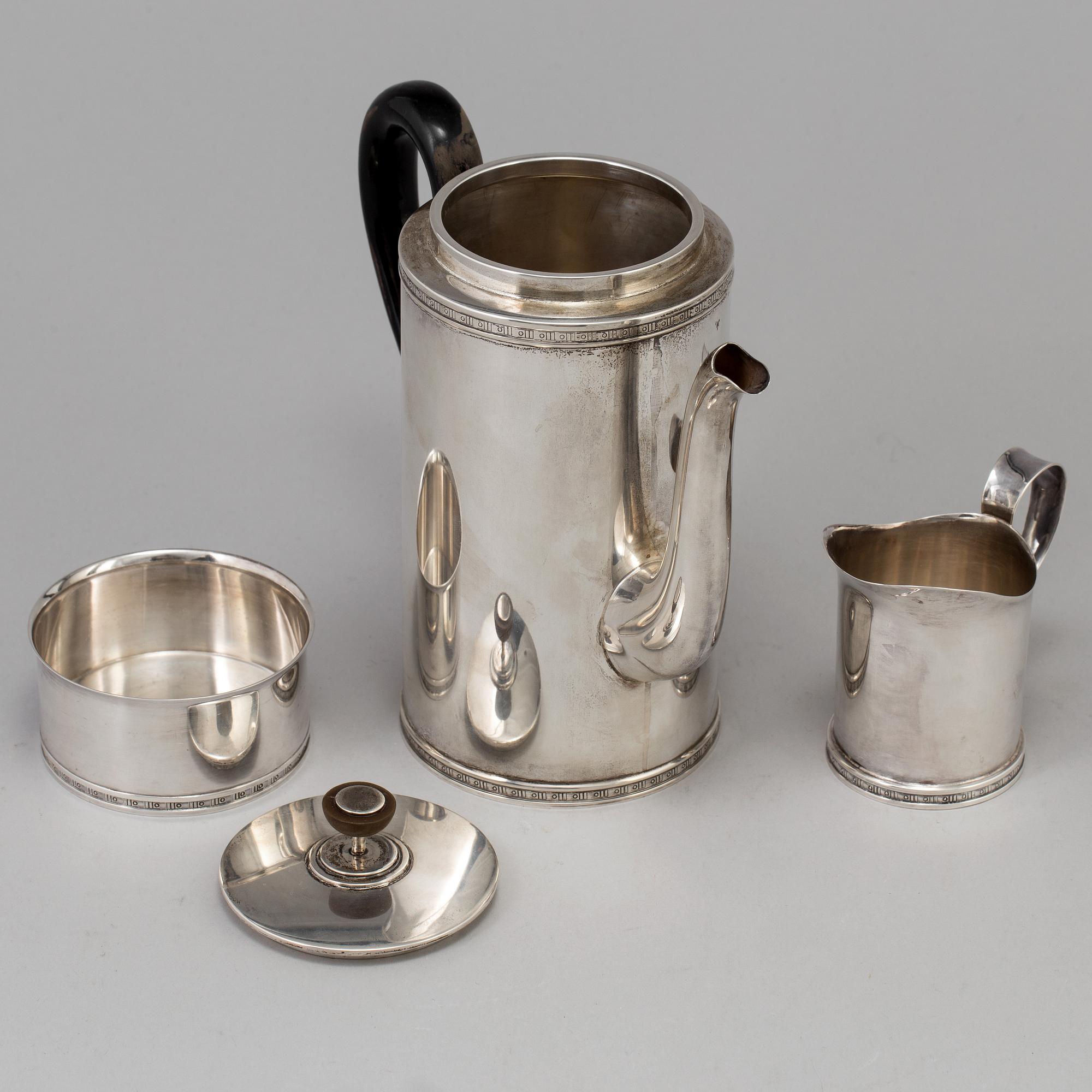 A VERA FERNGREN set of 3 pieces of silver coffee service by CG Hallberag and GAB, Stockholm 1958 and 1963.