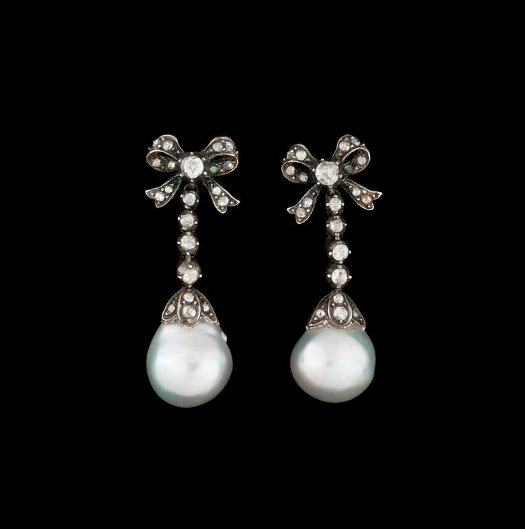 A pair of natural pearl and rose-cut diamond earrings.
