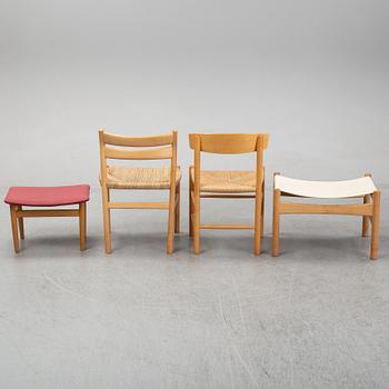 Børge Mogensen, 2 beech chairs + 2 stools, Fredericia Denmark and Karl Anderssons Sweden.