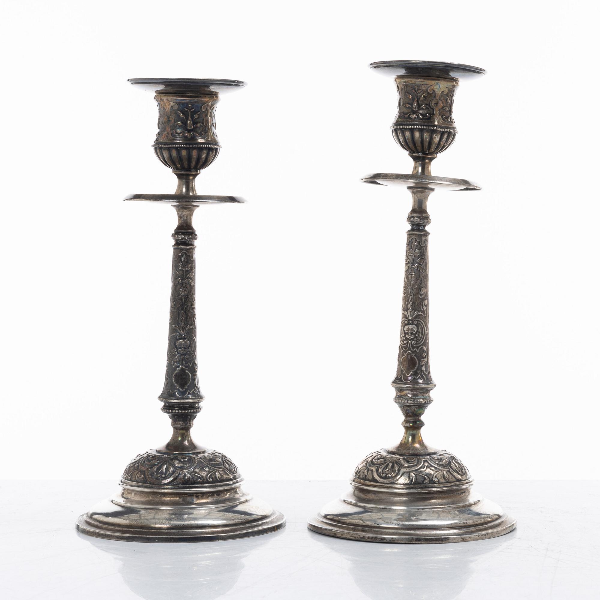 A pair of Swedish silver Renaissance-revival candlesticks, mark of CG Hallberg, Stockholm 1883.