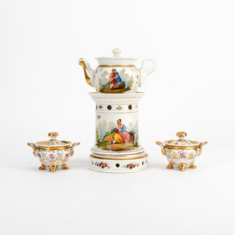 Teapot with heating stand and a couple of miniature tureens, mid-19th century.