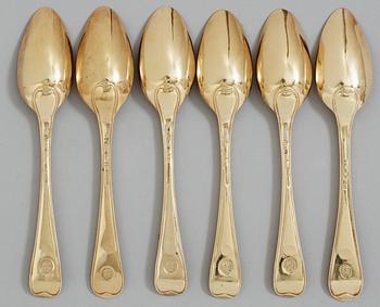 A set of six Swedish 18th century silver-gilt dessert spoons, makers mark of Pehr Zethelius, Stockholm 1783,