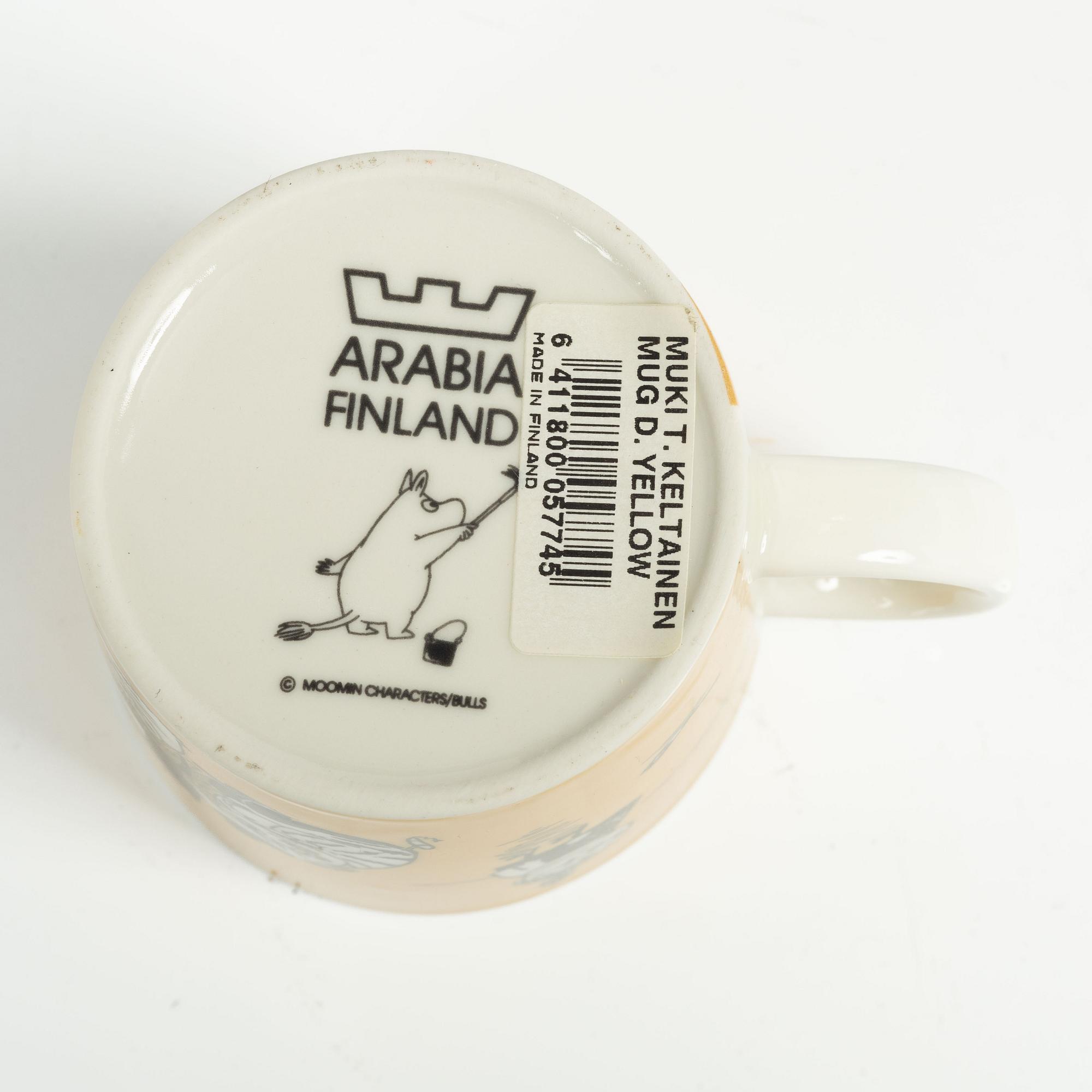 Muminmugg, "Mörk gul" med etikett, Arabia, Finland, 1991-99.