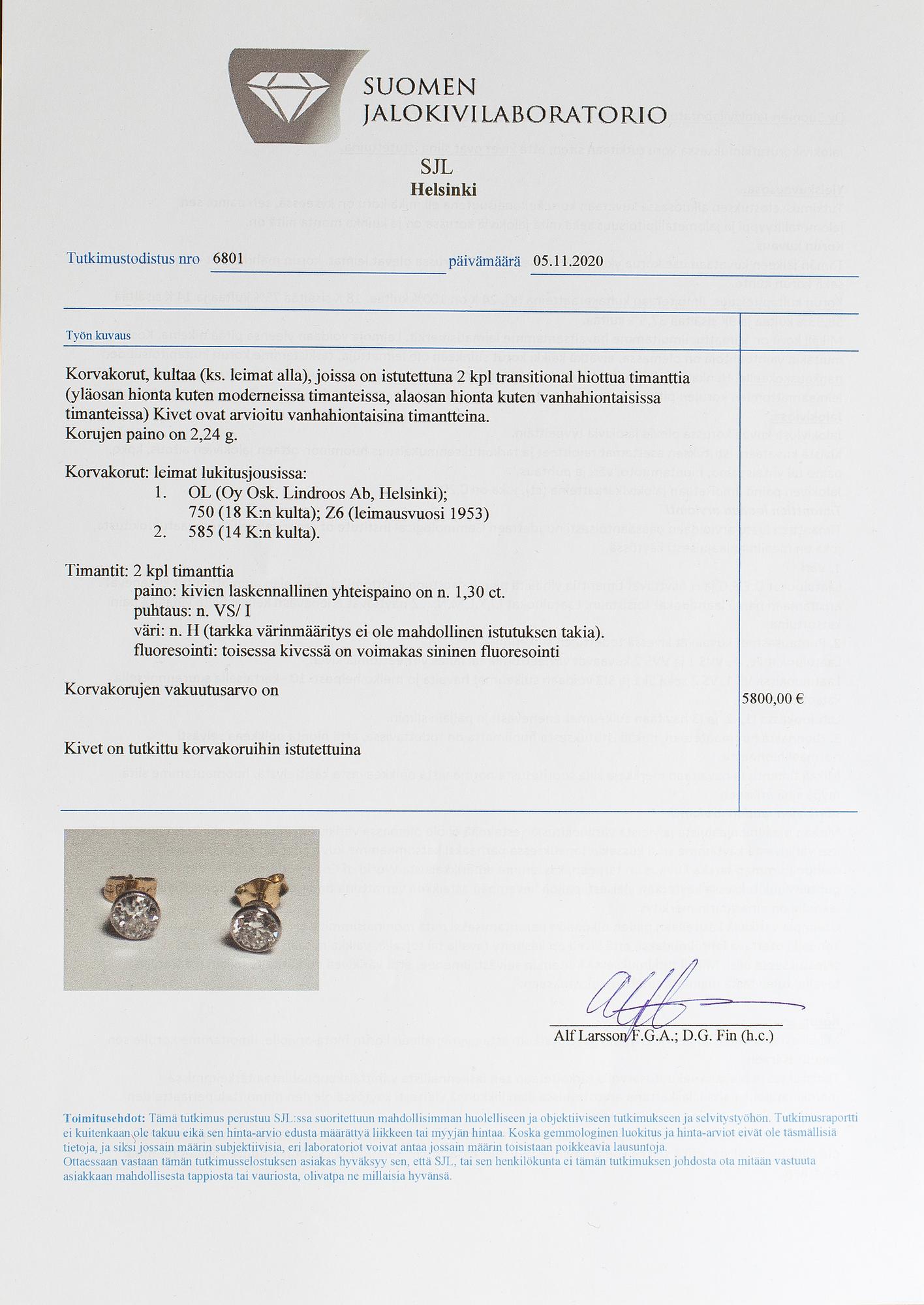 A pait of 18K gold earrings with transitional-cut diamonds ca. 1.30 ct in total. Oskar Lindroos, Helsinki 1953.