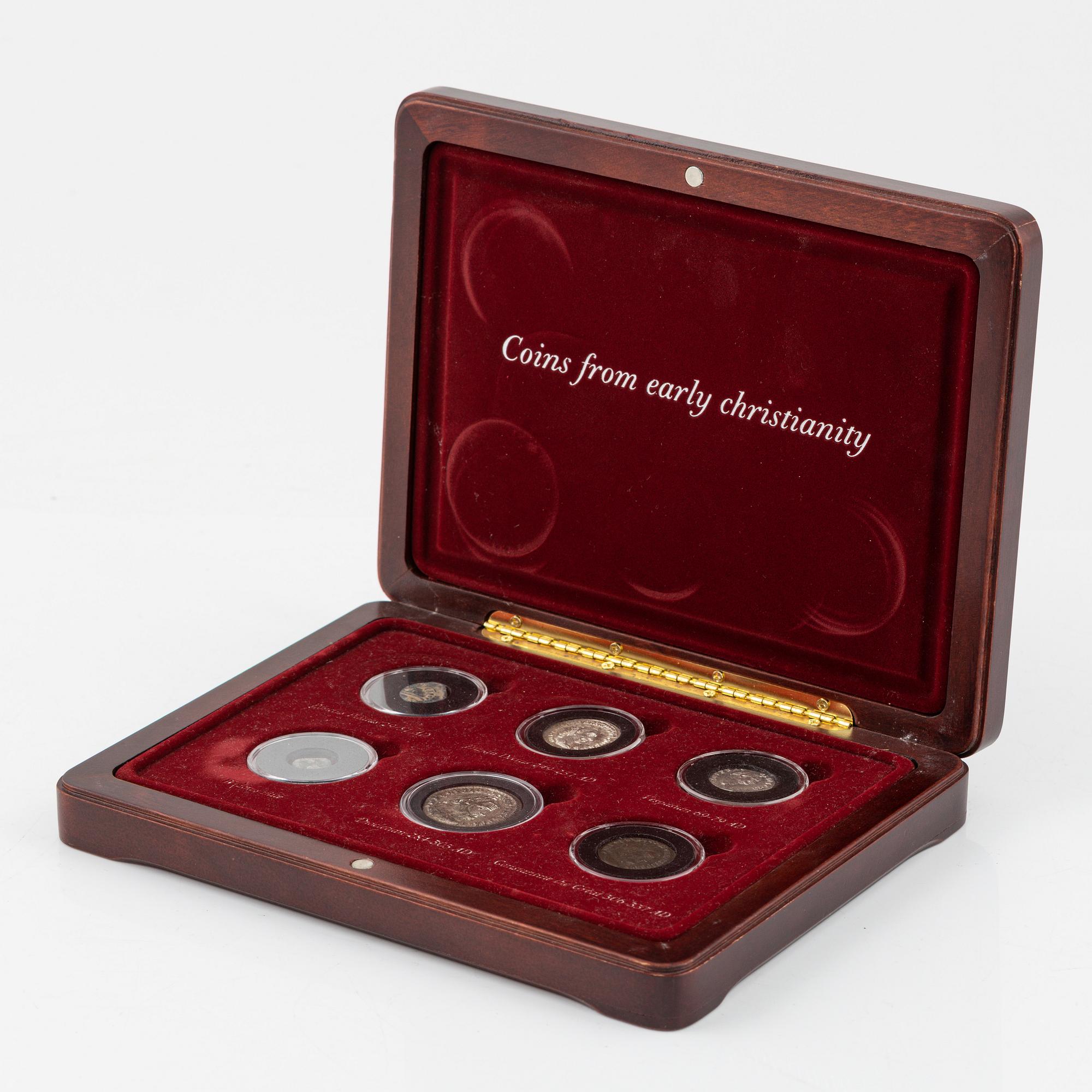 'Coins from early christianity', a set of six antique coins in case.