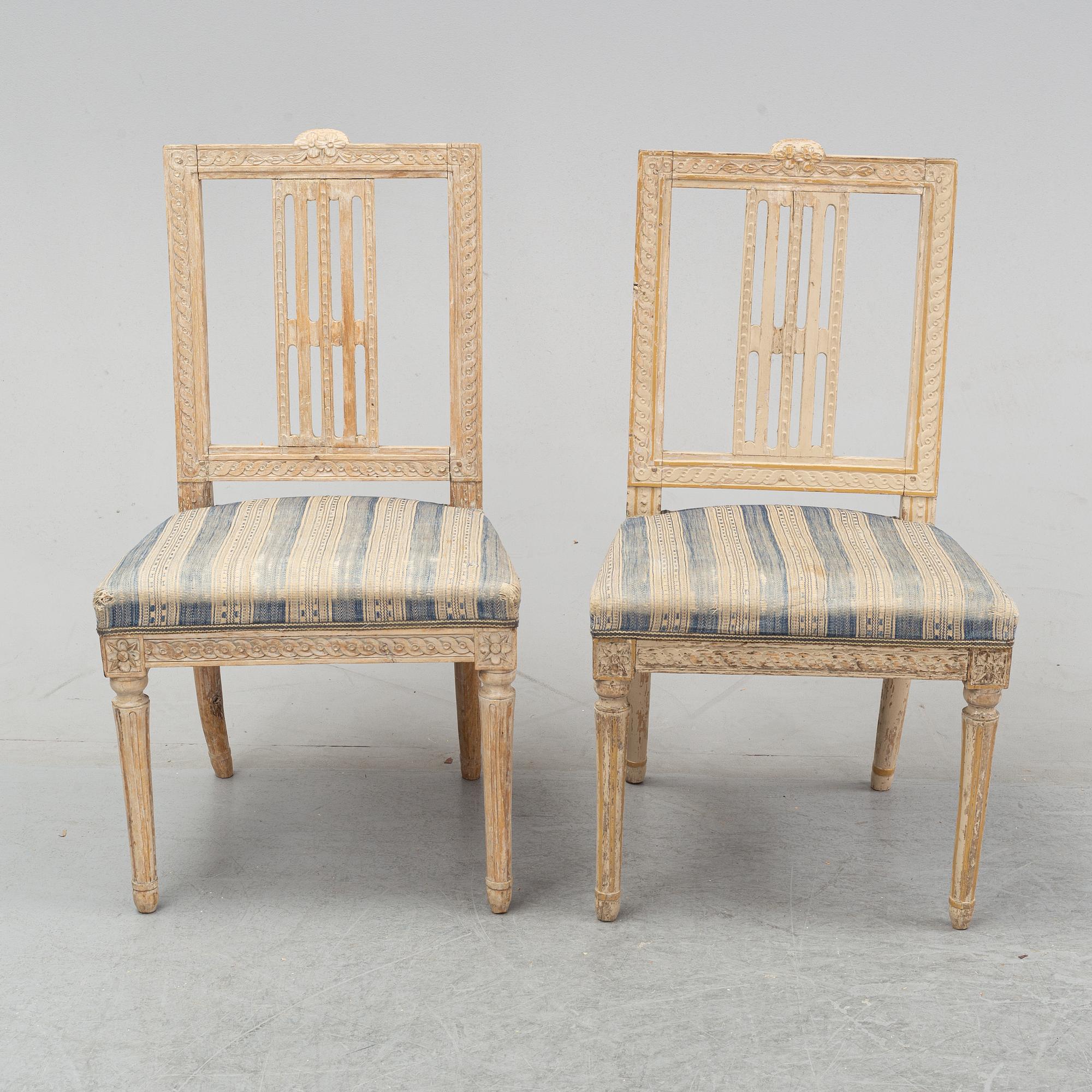 A set of six gustavian chairs made in Lindome by Johannes Andersson (1763-1840), signed IAS+, around the year 1800.