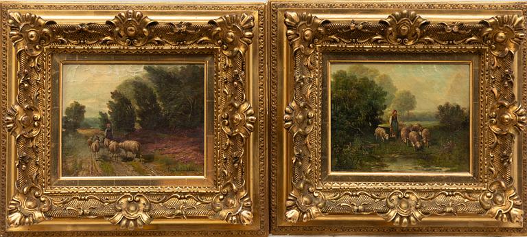 Eugen Joseph Verboeckhoven, his kind, Pastoral landscape with shepherdess and sheep, a pair.