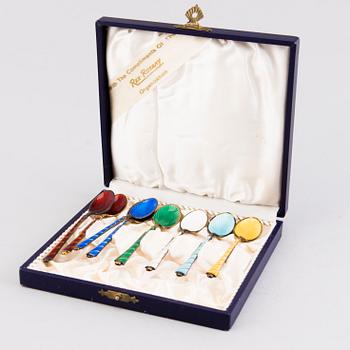 EGON LAURIDSEN, Eight parcel gilt and enamelled sterling silver coffee spoons, Copenhagen, Denmark.