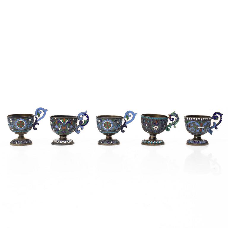 Supkoppar, 5 st, silver och cloisonne, St Petersburg, Ryssland, efter 1882.