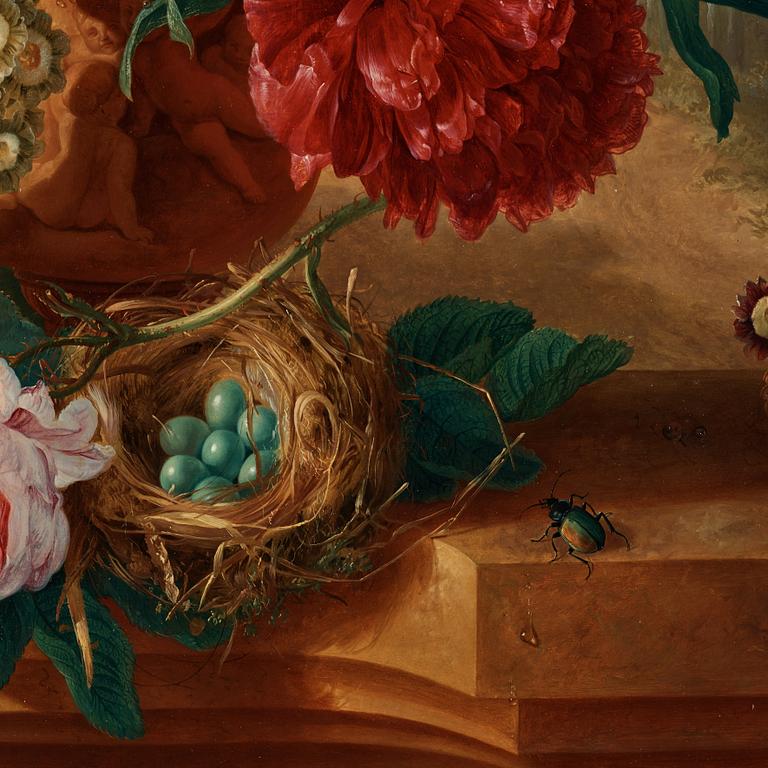 Gerrit Johan van Leeuwen, Still life with an urn with flowers, a birdsnest and insects.