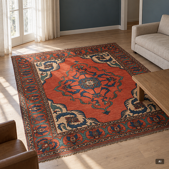 Matta, troligen Dehbaf, ca 266 x 230 cm samt 3-4 cm randig slätväv på varje kortsida.