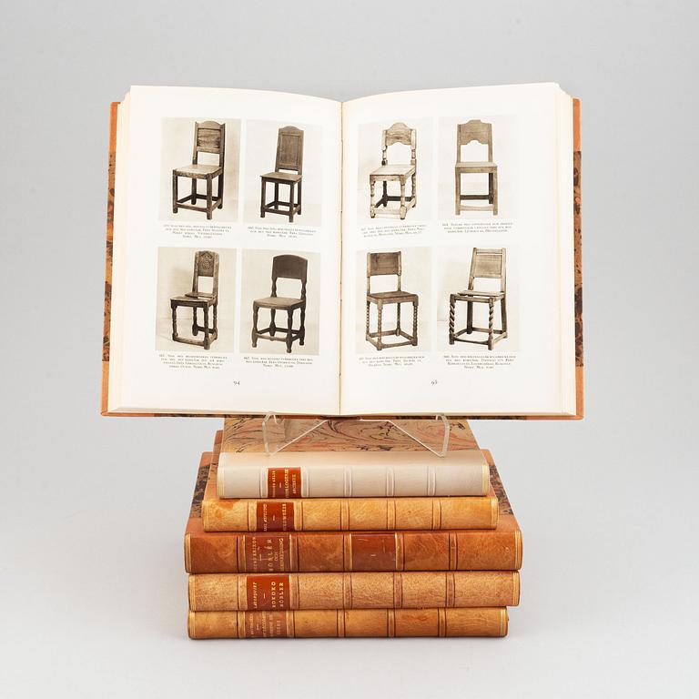 Böcker, 6 st, möbler, klockor och konsthantverk, bl.a. "Möbler och Heminredning i svenska bygder" I-II, Sigurd Erixson.