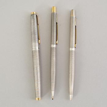 Three pens by Parker, silver.
