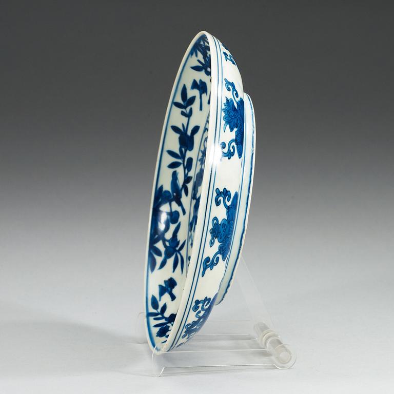 A blue and white dish, Qing dynasty with Wanli six character mark.