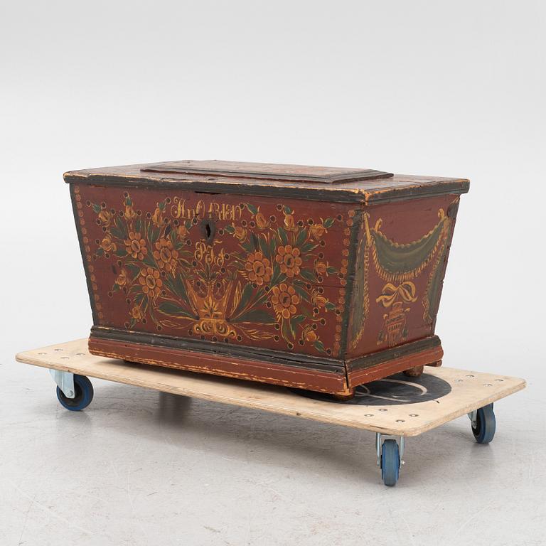 A painted provincial chest, Hälsingland, Sweden, dated 1819.