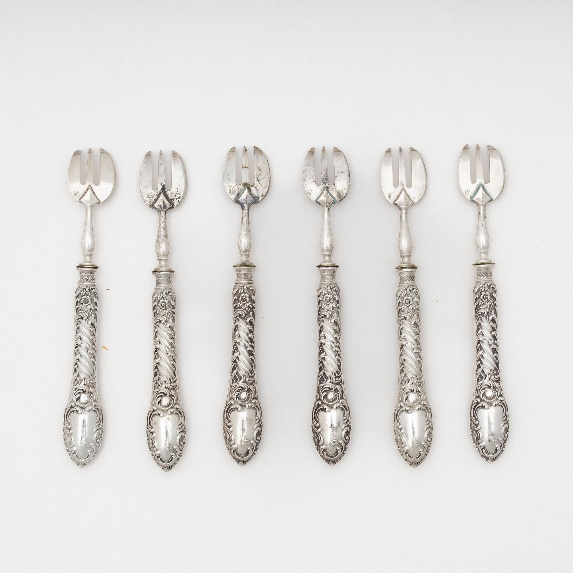 A set of six French silver oyster forks, mark of Henri Gabert, Paris, active 1882-1901.