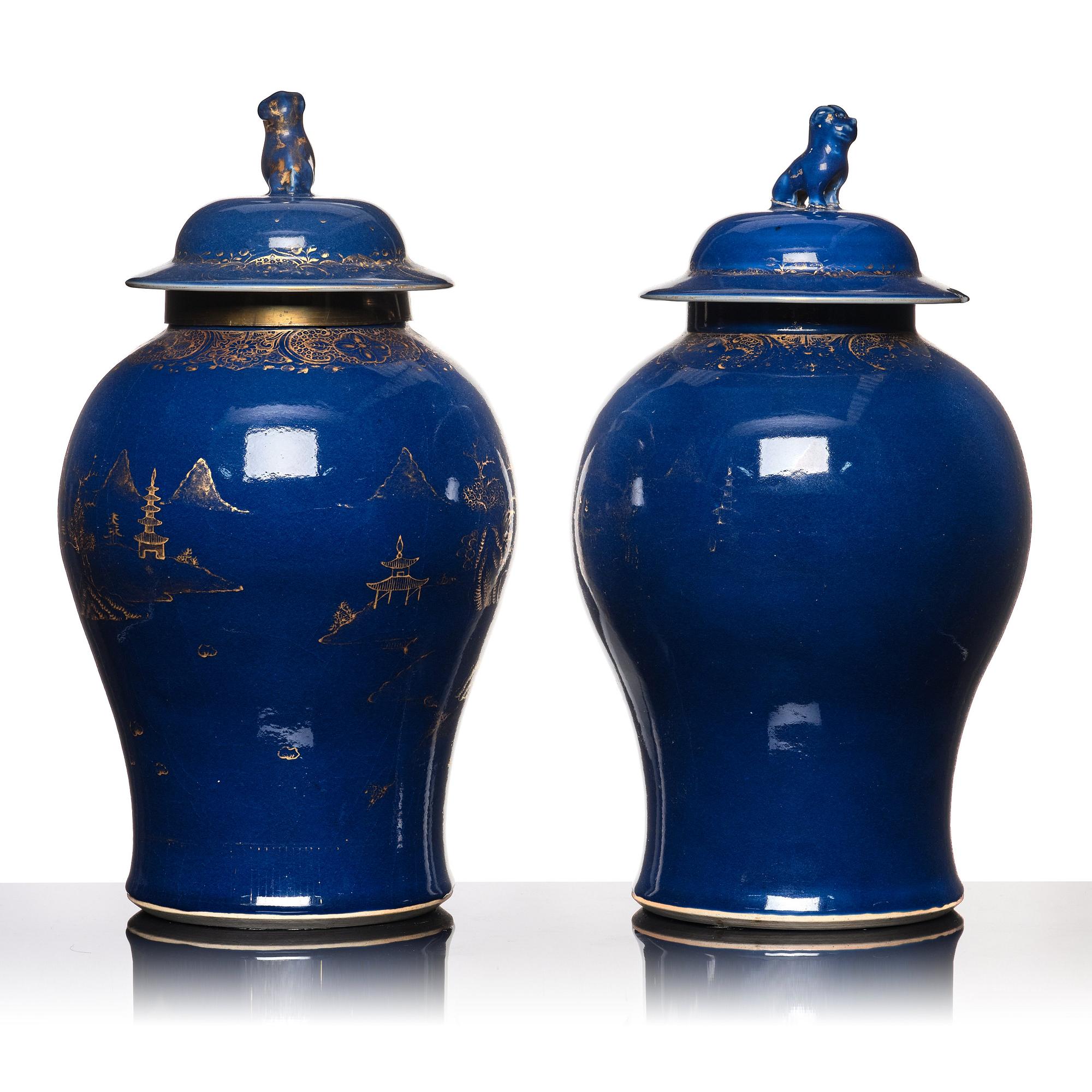 Two Chinese blue glazed vases with covers, Qing dynasty, Qianlong (1736-95).