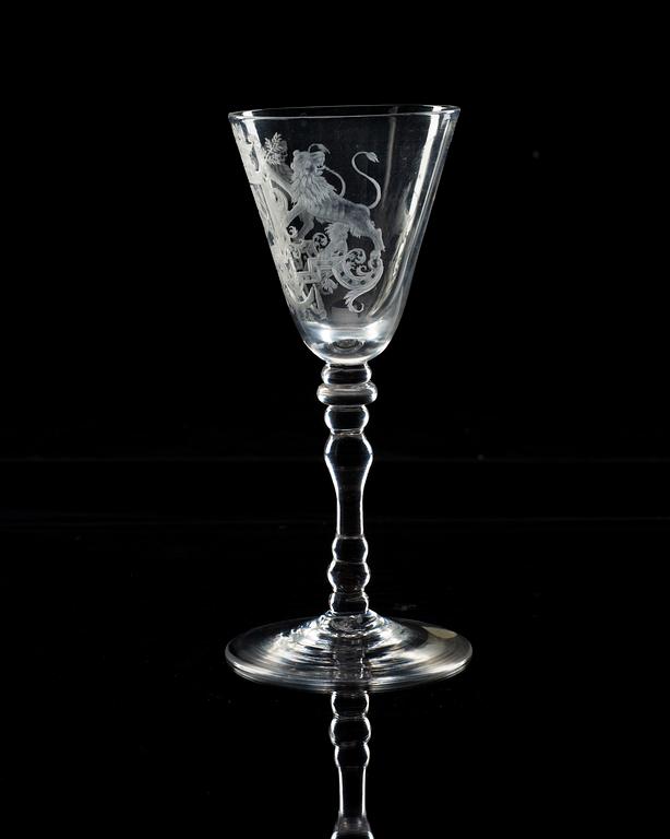An English armorial wine glass goblet, 18th Century.