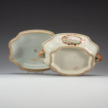 A famille rose 'European Subject' tureen with cover and stand, Qing dynasty, Qianlong (1736-95).