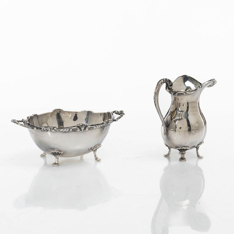 Cream jug, sugar bowl, and tray, silver, Rococo style, 20th century.