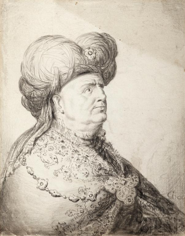 Gerrit Dou Attributed to, A man wearing an oriental costume, half-length.