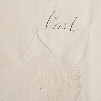 KARL XV SAMT OSCAR II, 2 dokument med egenhändiga namnteckningar, dat Stockholms slott 1864 resp Marstrand 1889.