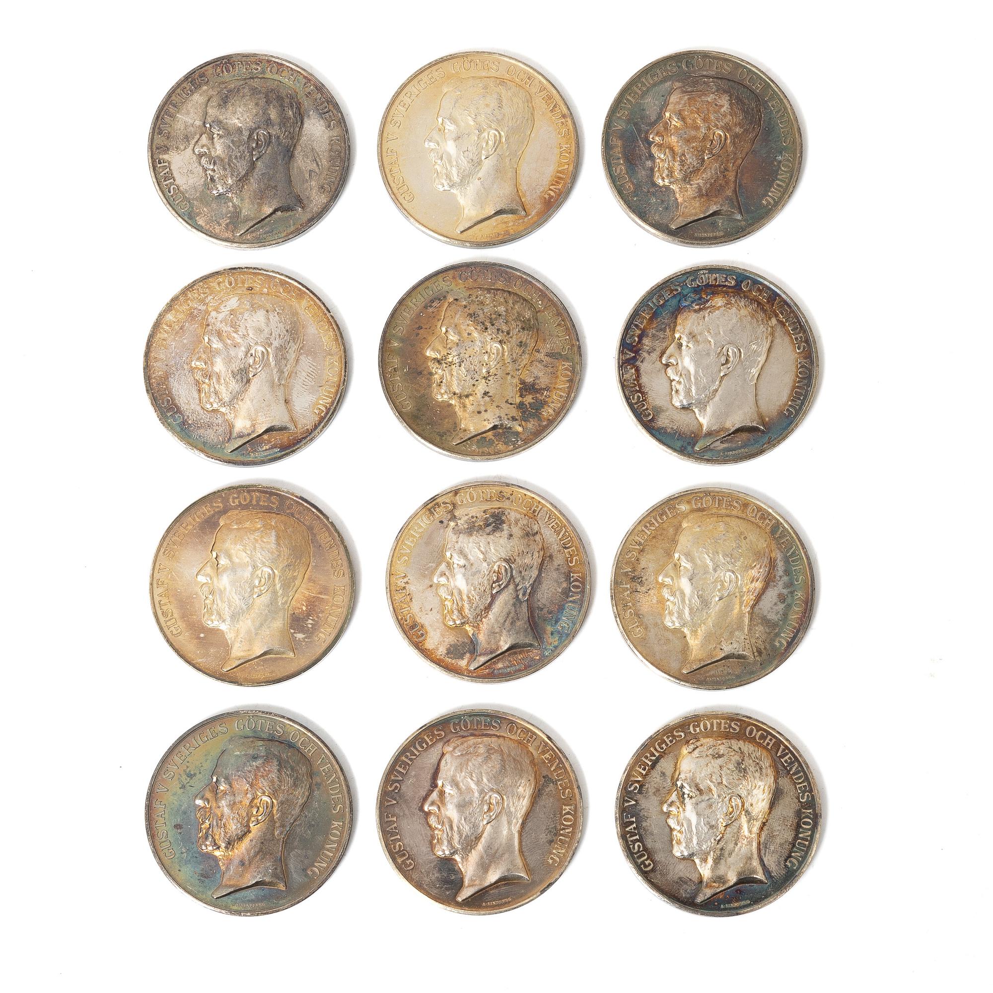 Twelve silver medals, Kungliga Myntverket, Sweden, early 20th century.