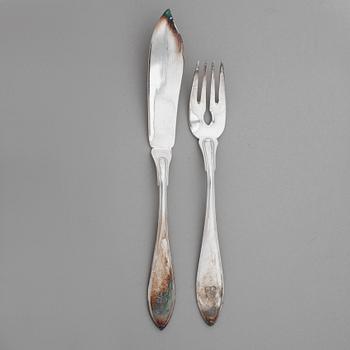 FISKBESTICK, 24 delar, nysilver, "Spetsig svensk", tidigt 1900-tal.