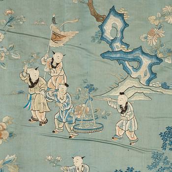 A large embroidered silk panel lined with wool, late Qing dynasty.