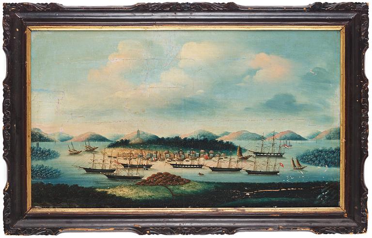 A oil painting of Whampoa Anchorage, Chinese School, Qing dynasty, 19th Century.