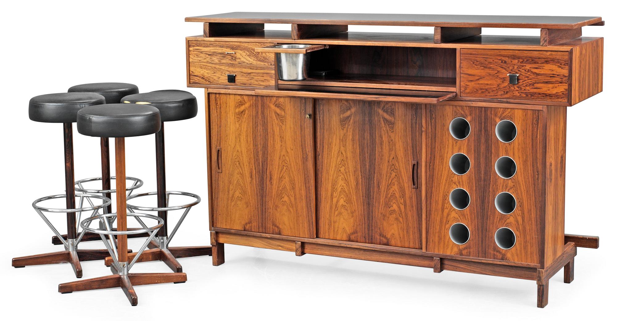 A Danish palisander bar by Dyrlund Smith, 1960´s, with four stools, marked AB COCKTAIL MÖBLER.