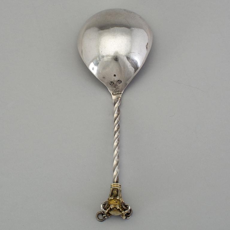 A Swedish 18th century parcel-gilt spoon, mark of Johan Grubb (Hudiksvall 1725-1756 (-58)).