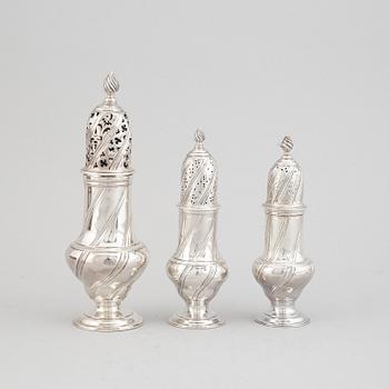 A set of three English 18th century silver sugar and spice casters, marked RP, London 1763.