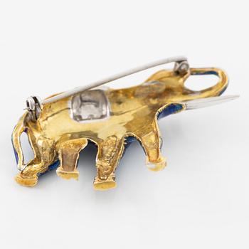 Brosch i form av elefant, 18K guld med blå emalj, rubiner och diamanter.