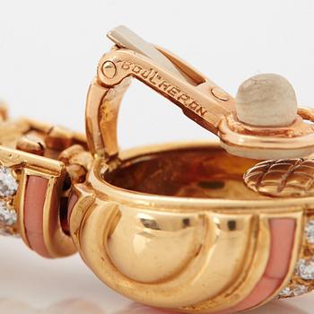 A pair of 18K gold Boucheron earrings set with round brilliant-cut diamonds and coral.