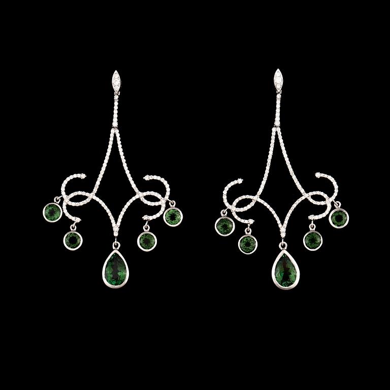 A pair of tourmaline and diamond earrings. Tourmalines 5.81 cts in total. Diamonds 1.18 cts in total.