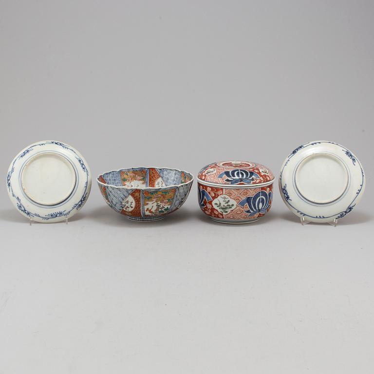 An imari bowl with cover, bowl, and a pair of dishes, Japan, Meiji (1868-1912).