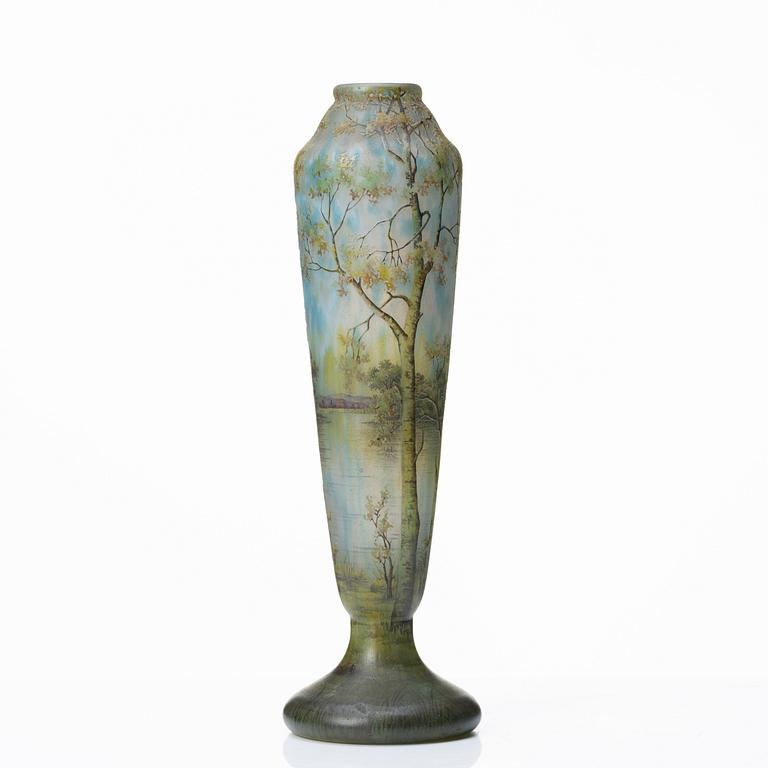 Daum, an Art Nouveau enamel painted cameo glass vase, Nancy France.