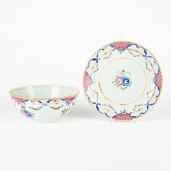 A famille rose punch bowl with stand for the persian market, Qing dynasty, 19th Century.