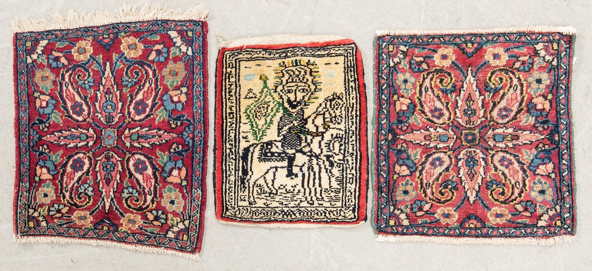 Mattor 3 st Shiraz (väskframsida?), Birjand semiantika ca 37x30 cm, 46x40 cm och 38x36 cm.